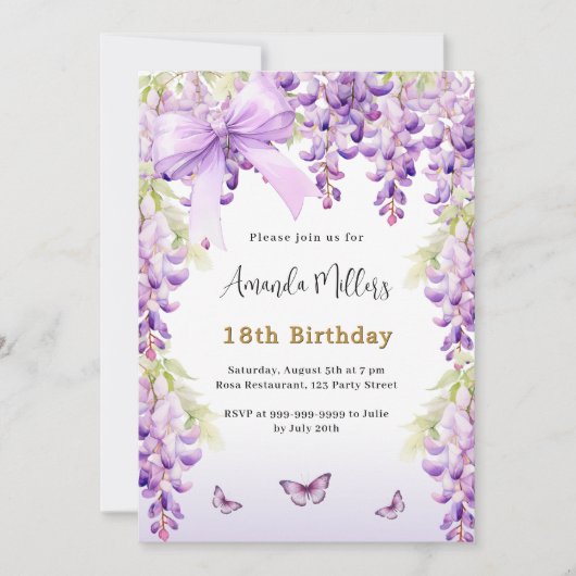 Wisteria paarse bloemen vlinderboog verjaardag kaart (Voorkant)