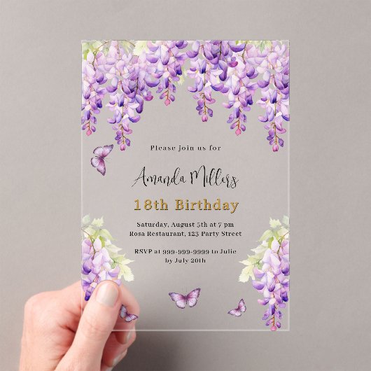 Wisteria paarse bloemen vlinders duidelijke verjaa acryl uitnodigingen (Insitu (Draagbaar))
