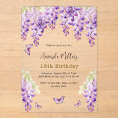 Wisteria paarse bloemen vlinders duidelijke verjaa acryl uitnodigingen (Voorkant)