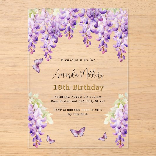 Wisteria paarse bloemen vlinders duidelijke verjaa acryl uitnodigingen (Voorkant)