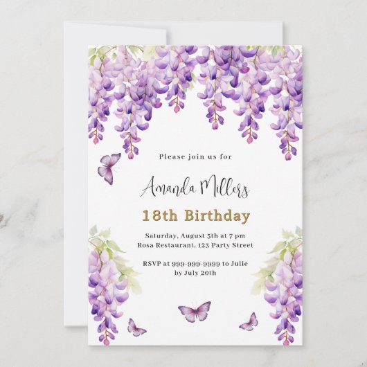 Wisteria paarse bloemen vlinders verjaardag kaart (Voorkant)