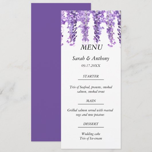 Wisteria Paarse Bloemen Waterverf Trouwvoedsel Menu (Voorkant / Achterkant)