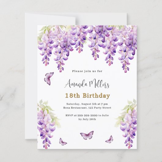 Wisteria paarse vlinder verjaardagsuitnodiging (Voorkant)