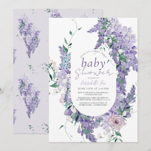 Wisteria Paarse Waterverf Virtueel Baby shower Kaart (Voorkant / Achterkant)