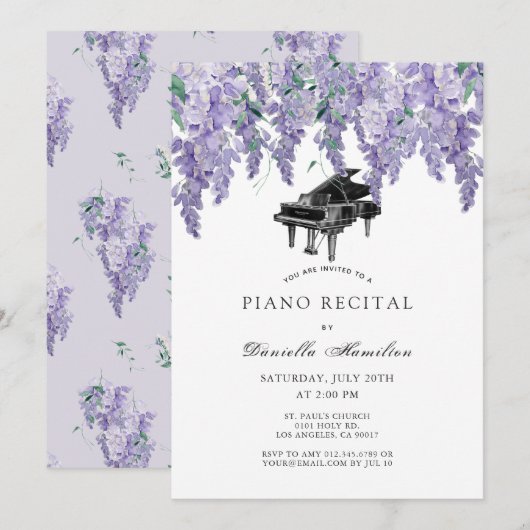 Wisteria Piano White Recital Invitation Kaart (Voorkant / Achterkant)