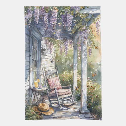 Wisteria Porch schommelstoel scene Theedoek (Verticaal)