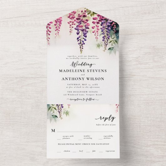 Wisteria Romantische Tuin Party Elegant Bruiloft All In One Uitnodiging (Binnen)