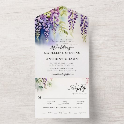 Wisteria Romantische Tuinfeest Paarse Blauwe Bruil All In One Uitnodiging (Binnen)