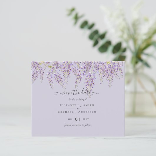 Wisteria Save Dates Dusty Paars Weddenschap BUDGET (Staand voorkant)
