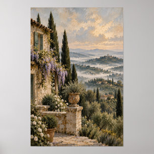 Wisteria Stenen Terras en Rollende Heuvels Muurkun Poster