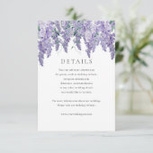 Wisteria Stof Paarse Waterverf Bruiloft Details Kaart (Staand voorkant)