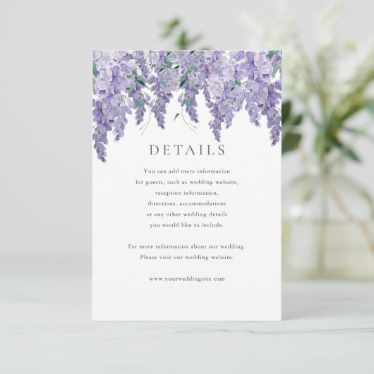 Wisteria Stof Paarse Waterverf Bruiloft Details Kaart (Staand voorkant)