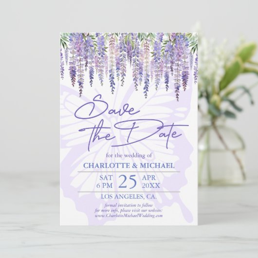 Wisteria Summer Garden Wedding Save the Date Kaart (Staand voorkant)