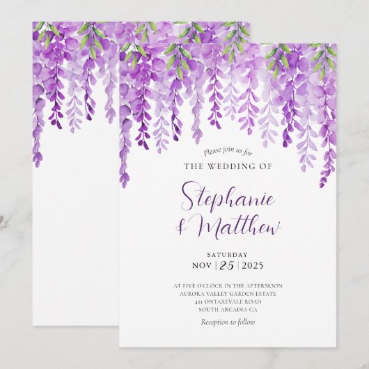 Wisteria Waterverf Paarse botanische bruiloft Kaart (Voorkant / Achterkant)