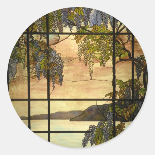 Wisteria wijnstokken in glas-in-lood ronde sticker (Voorkant)