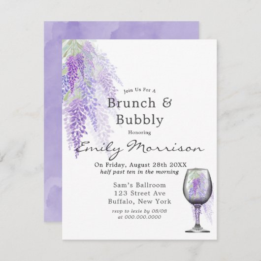 Wisteria Wine Glass Brunch & Bubble Invitation Kaart (Voorkant / Achterkant)