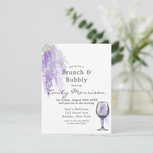 Wisteria Wine Glass Brunch & Bubble Invitation Kaart (Staand voorkant)