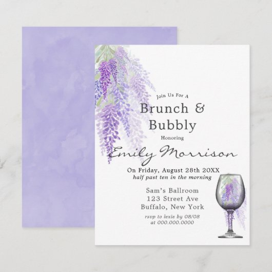 Wisteria Wine Glass Brunch & Bubble Invitation Kaart (Voorkant / Achterkant)