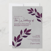 Wistful Cassis Paars Leaves Elegant Grey Wedding Kaart (Voorkant)
