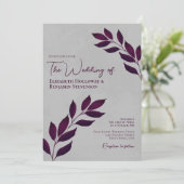 Wistful Cassis Paars Leaves Elegant Grey Wedding Kaart (Staand voorkant)