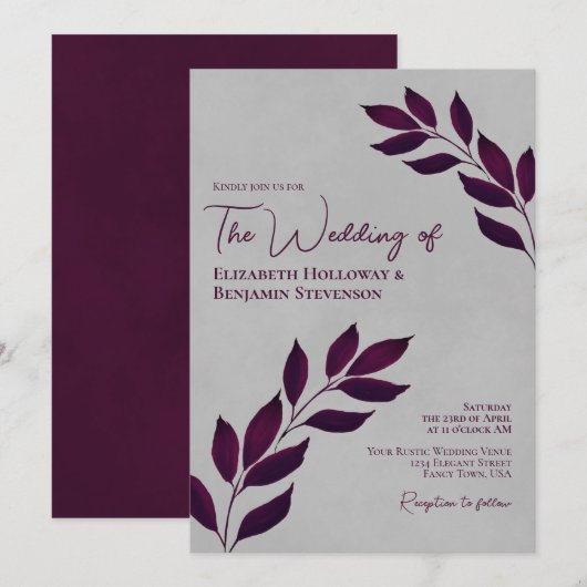 Wistful Cassis Paars Leaves Elegant Grey Wedding Kaart (Voorkant / Achterkant)