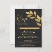 Wistful Leaves Black & Gold Waterverf Wedding RSV RSVP Kaartje (Voorkant)