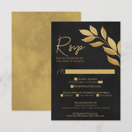 Wistful Leaves Black & Gold Waterverf Wedding RSV RSVP Kaartje (Voorkant / Achterkant)
