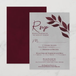 Wistful Leaves Burgundy & Grey Waterverf Wedding RSVP Kaartje