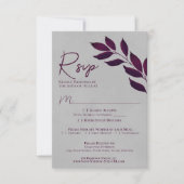Wistful Leaves Cassis Paars & Grey Wedding RSVP Kaartje (Voorkant)