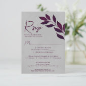 Wistful Leaves Cassis Paars & Grey Wedding RSVP Kaartje (Staand voorkant)
