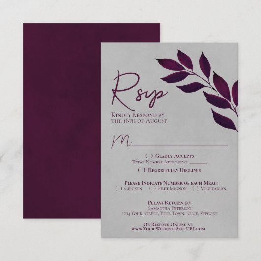 Wistful Leaves Cassis Paars & Grey Wedding RSVP Kaartje (Voorkant / Achterkant)