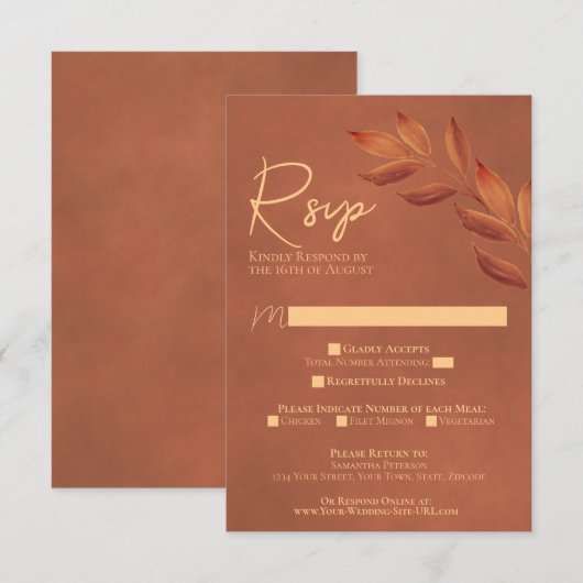 Wistful Leaves Chic Terracotta Waterverf Wedding RSVP Kaartje (Voorkant / Achterkant)