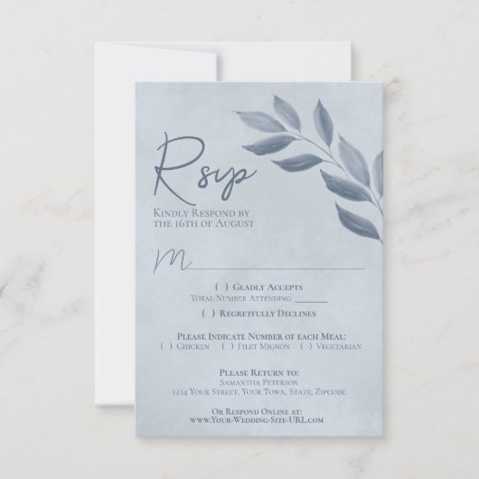 Wistful Leaves Dusty Blue Waterverf Wedding RSVP Kaartje (Voorkant)