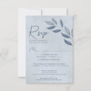 Wistful Leaves Dusty Blue Waterverf Wedding RSVP Kaartje