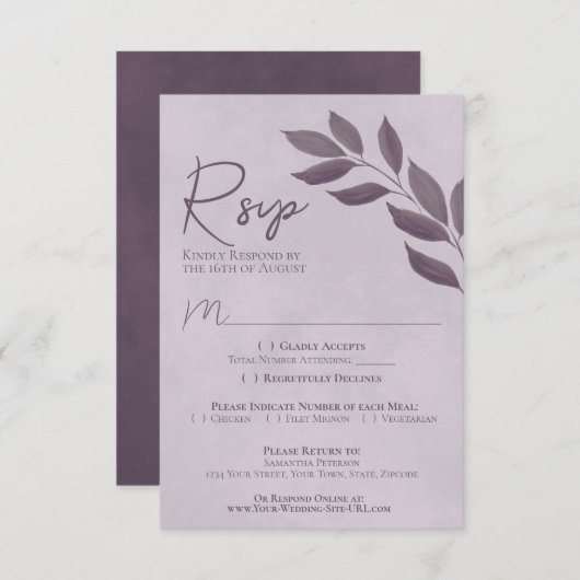 Wistful Leaves Dusty Paarse Modern Chic Wedding RSVP Kaartje (Voorkant / Achterkant)