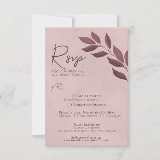 Wistful Leaves Dusty Roos Modern Chic Wedding RSVP Kaartje (Voorkant)
