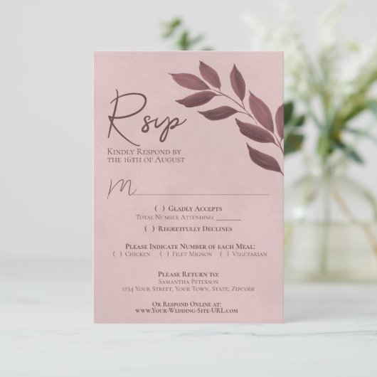 Wistful Leaves Dusty Roos Modern Chic Wedding RSVP Kaartje (Staand voorkant)