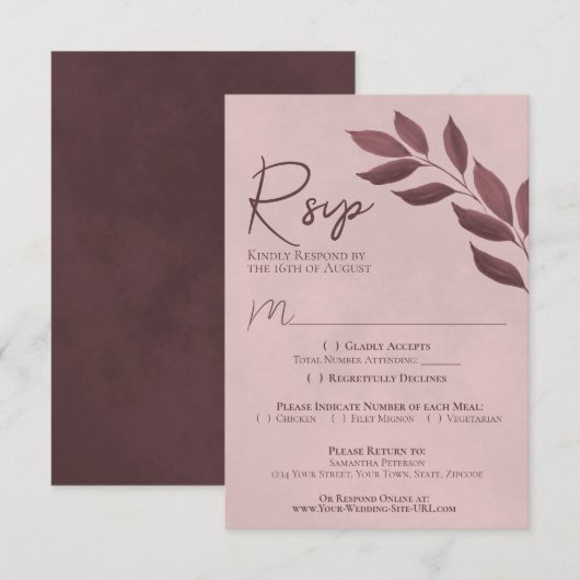 Wistful Leaves Dusty Roos Modern Chic Wedding RSVP Kaartje (Voorkant / Achterkant)