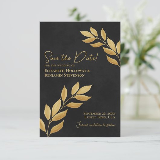 Wistful Leaves Elegant Black and Gold Wedding Save The Date (Staand voorkant)