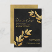Wistful Leaves Elegant Black and Gold Wedding Save The Date (Voorkant / Achterkant)