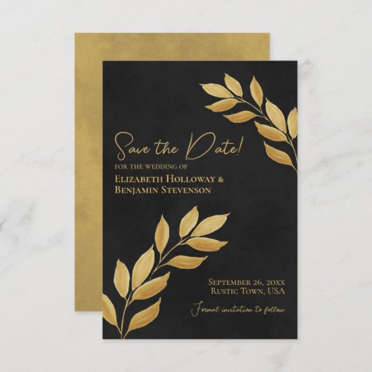 Wistful Leaves Elegant Black and Gold Wedding Save The Date (Voorkant / Achterkant)