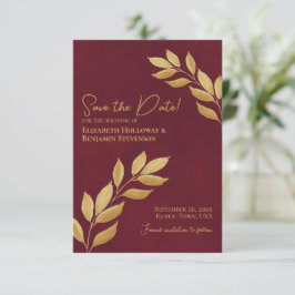 Wistful Leaves Elegant Burgundy and Gold Wedding Save The Date