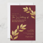 Wistful Leaves Elegant Burgundy & Gold Wedding Kaart (Voorkant)