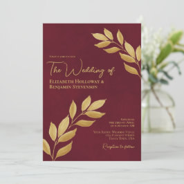 Wistful Leaves Elegant Burgundy & Gold Wedding Kaart