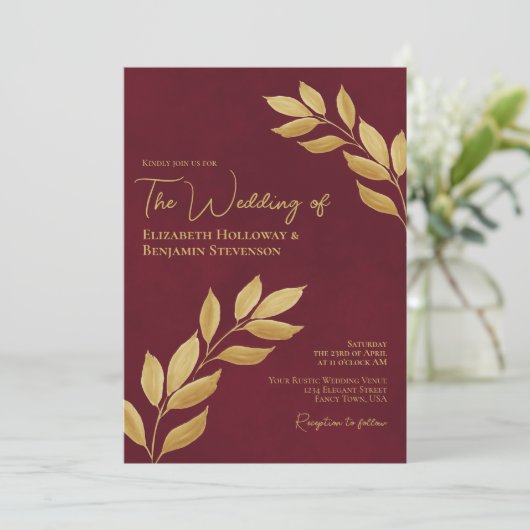 Wistful Leaves Elegant Burgundy & Gold Wedding Kaart (Staand voorkant)