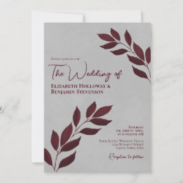 Wistful Leaves Elegant Burgundy & Gray Wedding Kaart