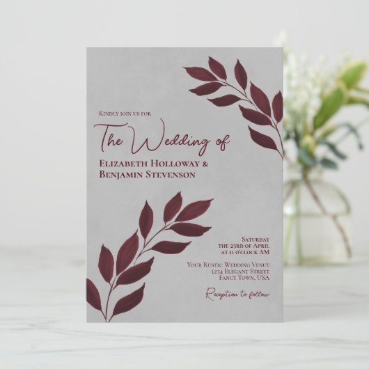 Wistful Leaves Elegant Burgundy & Gray Wedding Kaart (Staand voorkant)