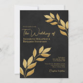 Wistful Leaves Elegant Chic Black & Gold Wedding Kaart (Voorkant)