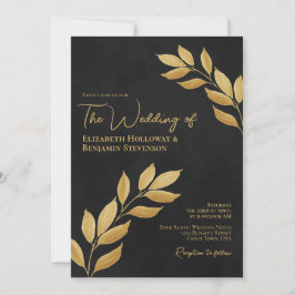 Wistful Leaves Elegant Chic Black & Gold Wedding Kaart