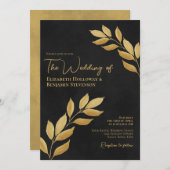Wistful Leaves Elegant Chic Black & Gold Wedding Kaart (Voorkant / Achterkant)